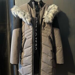 Point Zero Black and Brown Puffer Jacket with Fur Hood
